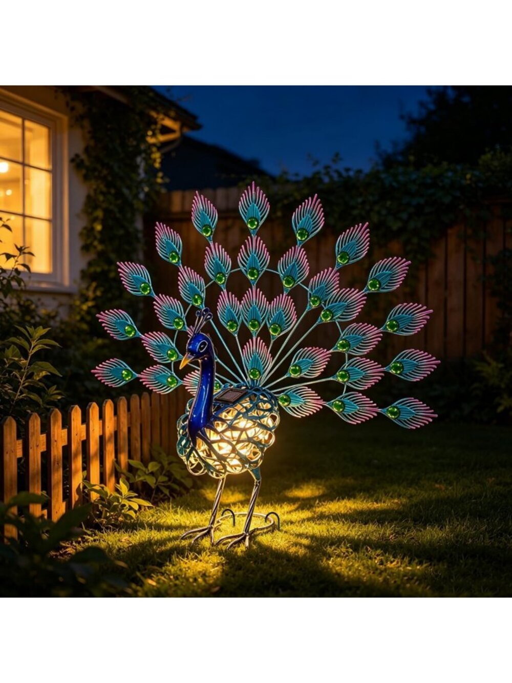 Vibrant Solar Peacock Lawn Ornament - Metal Yard Statue & Garden Light Decor